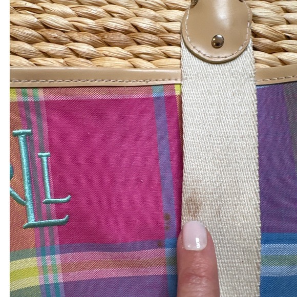 Lauren Ralph Lauren Tote Bag Women Multi Good Plaid Straw Canvas SIZE Medium - Picture 3 of 7
